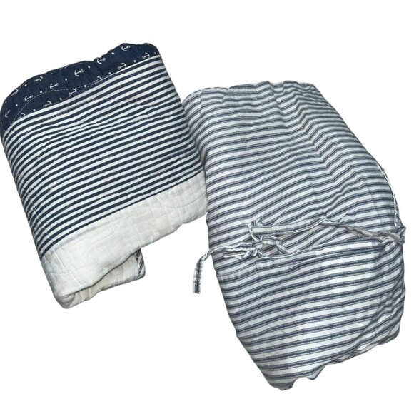 Nicole Miller Home chambray blue ticking stripe Anchors Nautical pillow Shams - Picture 3 of 4